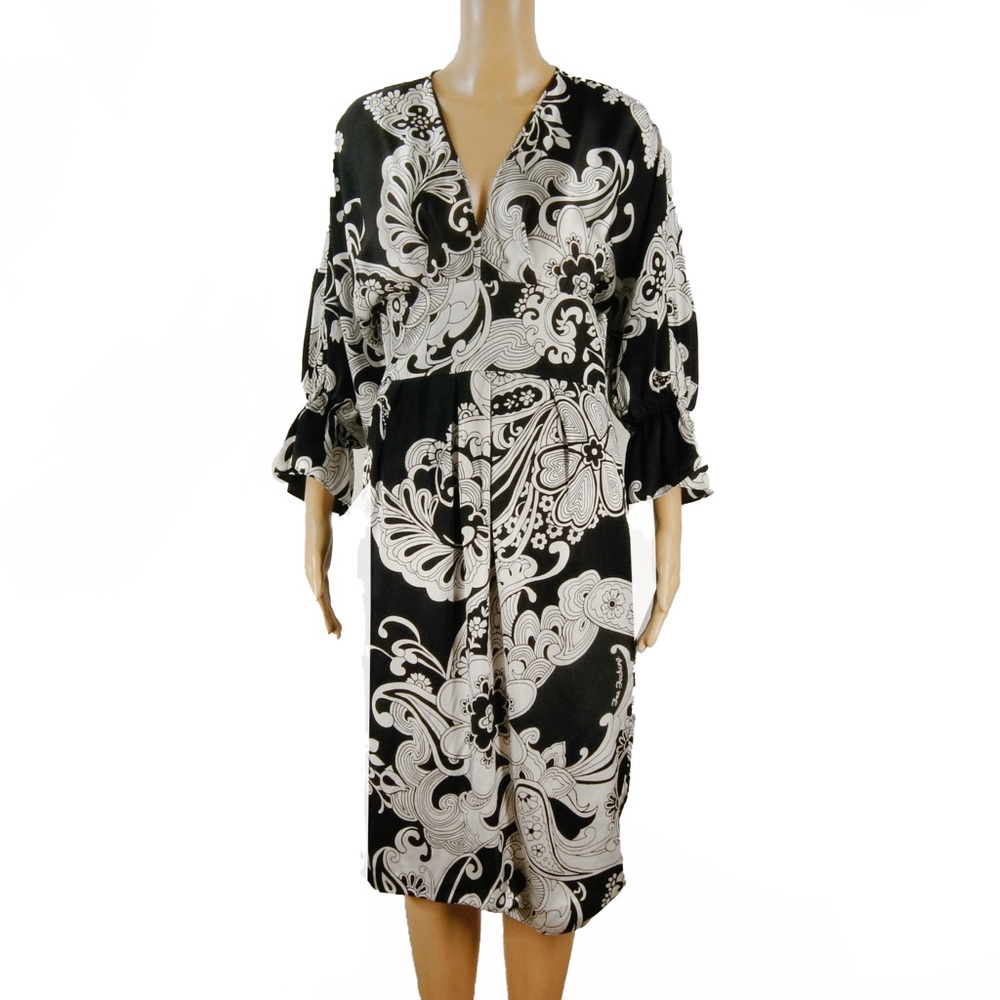 Iceberg Italy Black White Satin Abstract Floral Paisley Silk 1/4 Sleeve Dress
